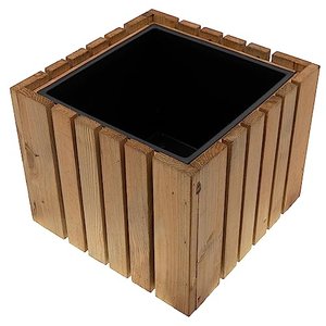 HRB Blumentopf eckig aus Echtholz beige, hochwertiger Holz Pflanztopf mit Kunststoffwanne