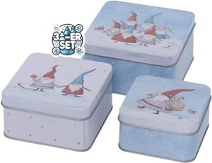 3er Set Metall Keksdose Plätzchendose eckig hellblau Weihnachtswichtel sortiert 9-12cm